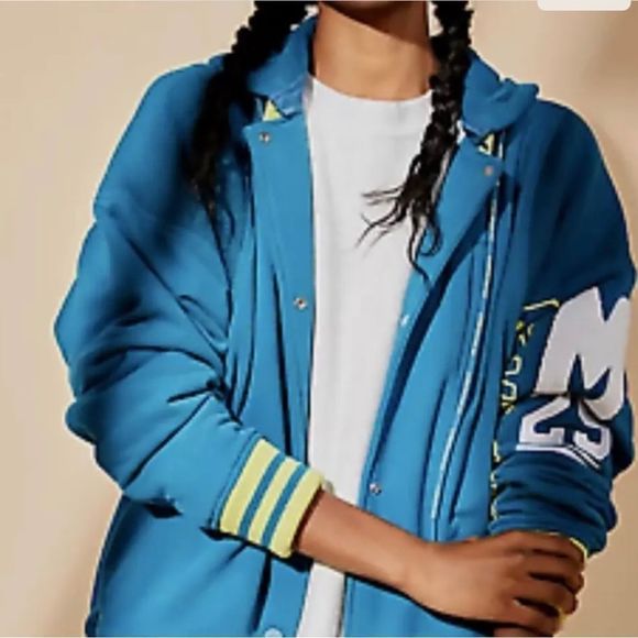 NWT Free People Movement Post Up Graphic Sweat Blue Hoodie Logo Jacket size L - Picture 1 of 9